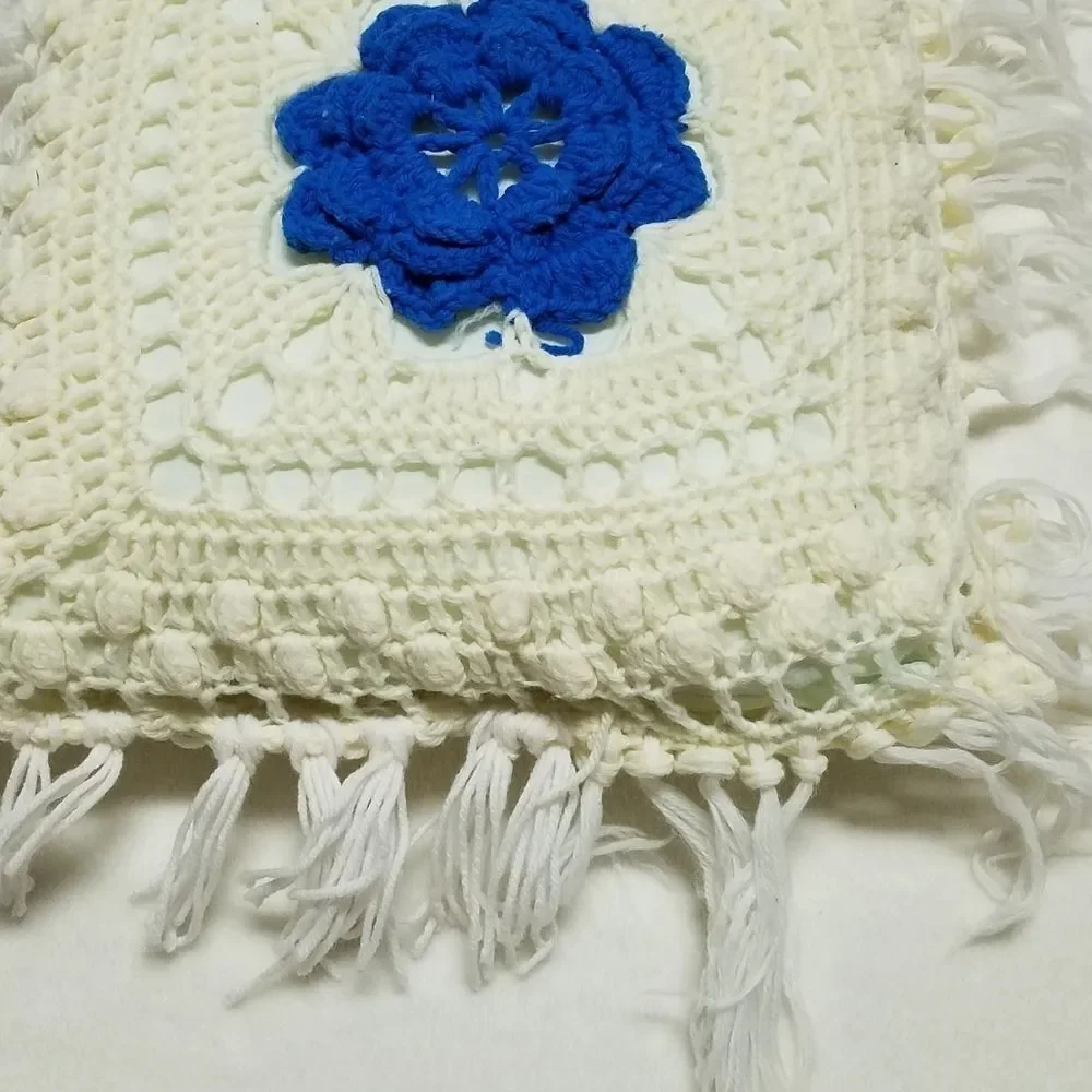 VINTAGE Blue Cream Floral Handmade Crochet Pillow